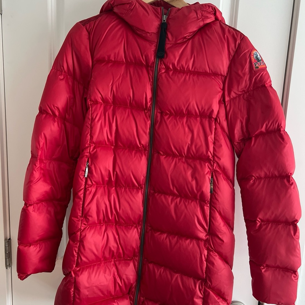 Parajumpers Red Puffer Jacket Mid-Length with Hood